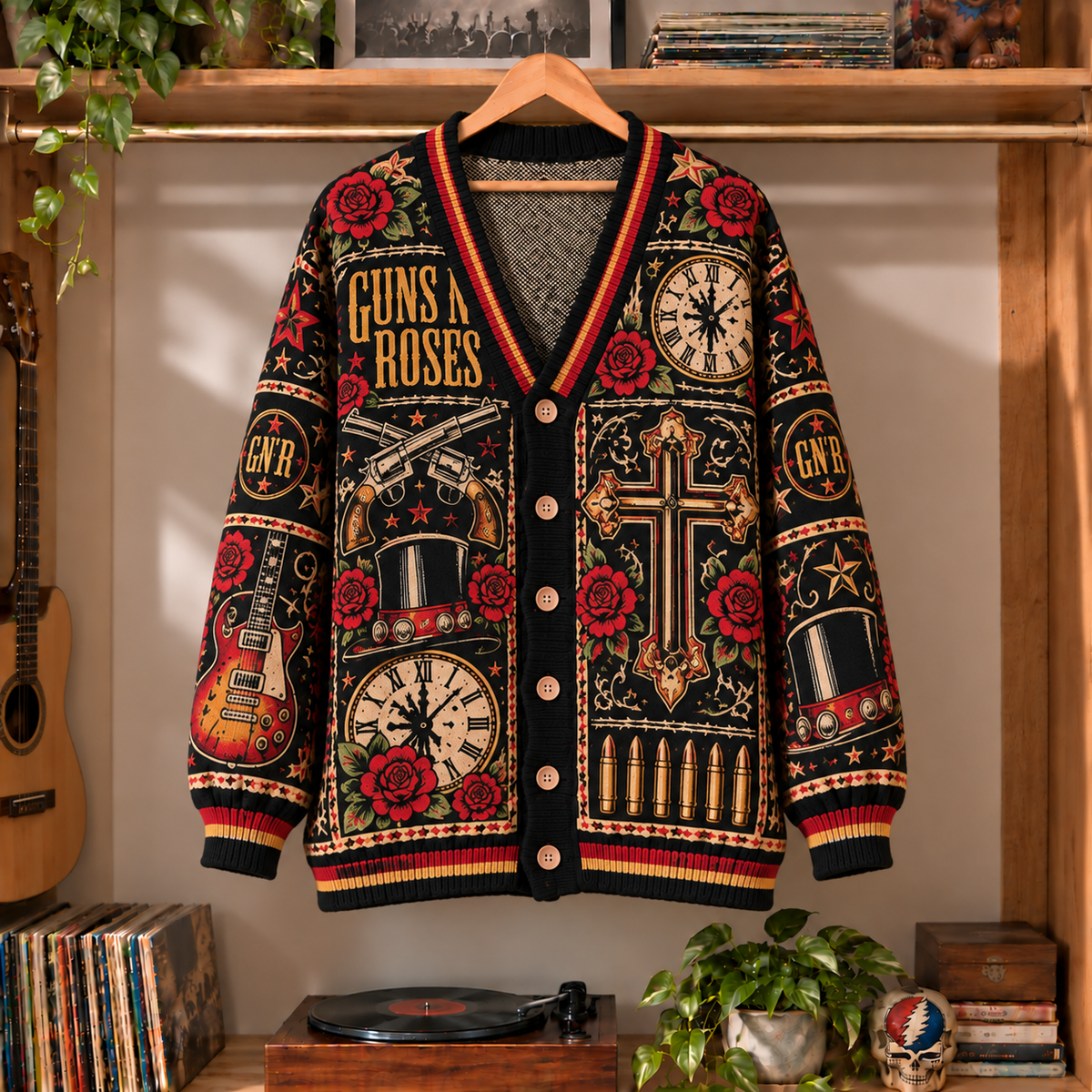 Guns N' Roses Retro Rock Knit Cardigan - Vintage Style Hard Rock Button Down Sweater, Unique Slash Top Hat Band Merchandise Fan Outfit