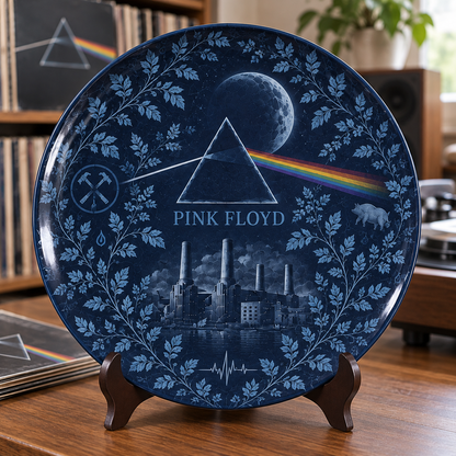 Pink Floyd Toile de Jouy Ceramic Plate - Decorative Wall & Table Display Dish, Blue Dark Side of the Moon Rock Fan Gift