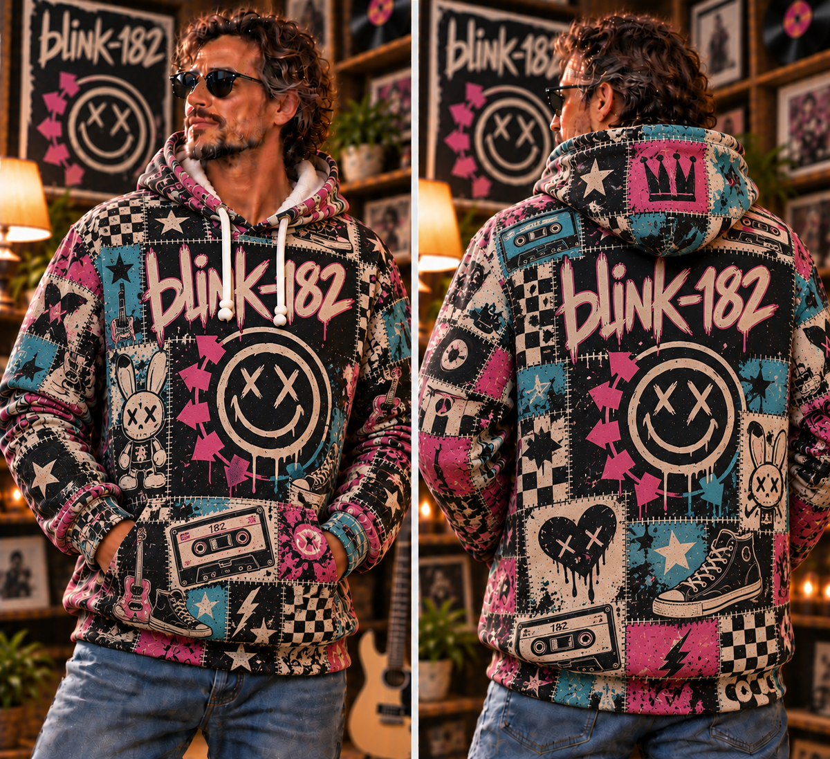 Blink-182 Patchwork Hoodie – Vintage Pop Punk Band Graphic Pullover, Pink Blue Emo Rock Hoodie, Retro 90s 2000s Music Fan Gift