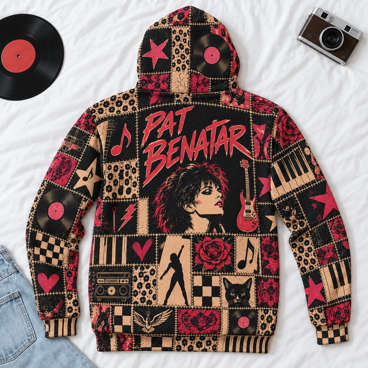 Pat Benatar Patchwork Hoodie – Vintage 80s Rock Graphic Pullover, Retro Rock Queen Sweatshirt, Soft Fleece-Lined Hoodie, Classic Rock Fan Gift, Unisex Music Hoodie