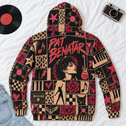 Pat Benatar Patchwork Hoodie – Vintage 80s Rock Graphic Pullover, Retro Rock Queen Sweatshirt, Soft Fleece-Lined Hoodie, Classic Rock Fan Gift, Unisex Music Hoodie