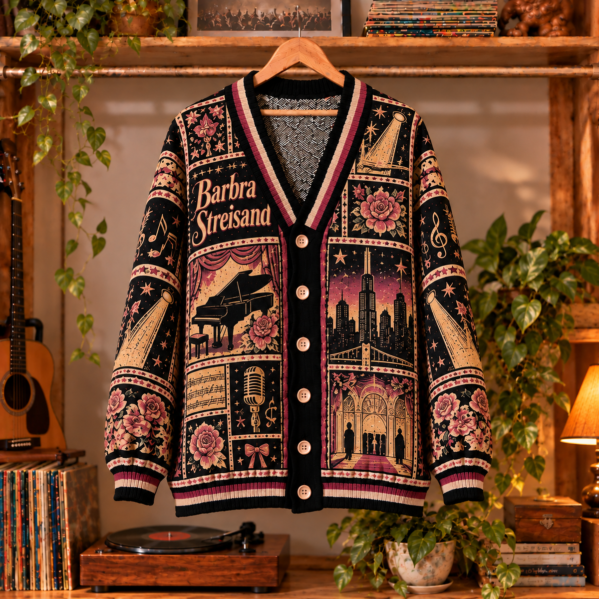 Barbra Streisand Knit Cardigan - Official Pop Music Merchandise, Vintage Style Long Sleeve Button Down Outerwear Fan Gift