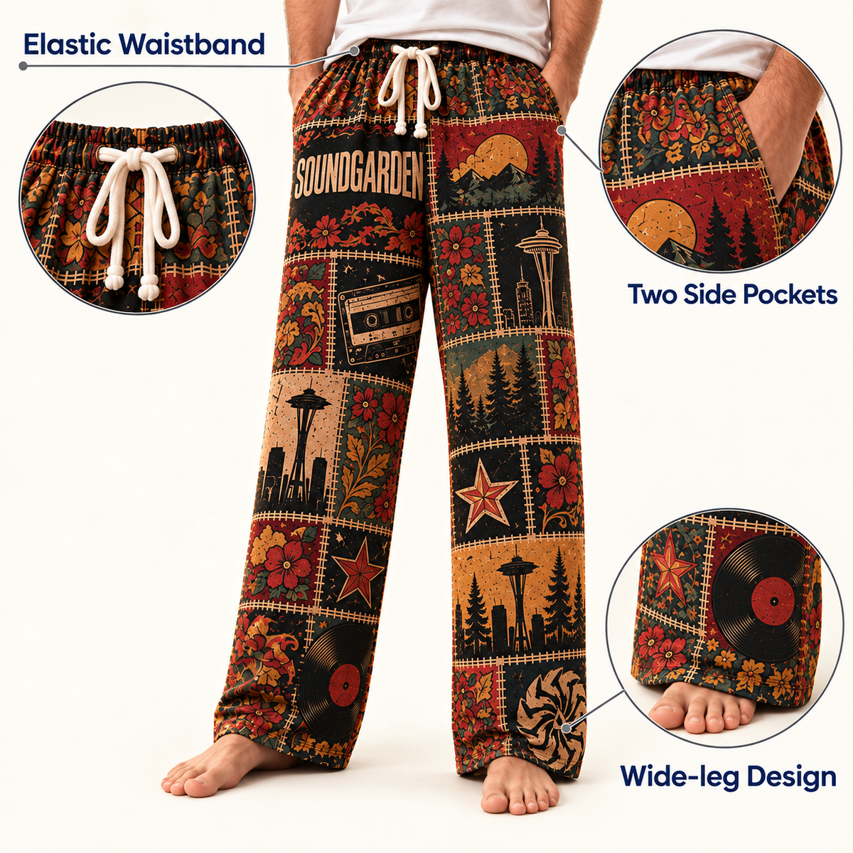 Soundgarden Pajama Pants - Retro Patchwork Cassette Tape, Vinyl Record & Pacific Northwest Forest Art Sleepwear - Comfortable Pajama Pants for Music Fans