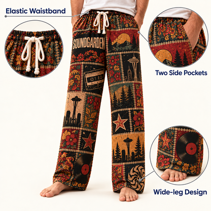 Soundgarden Pajama Pants - Retro Patchwork Cassette Tape, Vinyl Record & Pacific Northwest Forest Art Sleepwear - Comfortable Pajama Pants for Music Fans