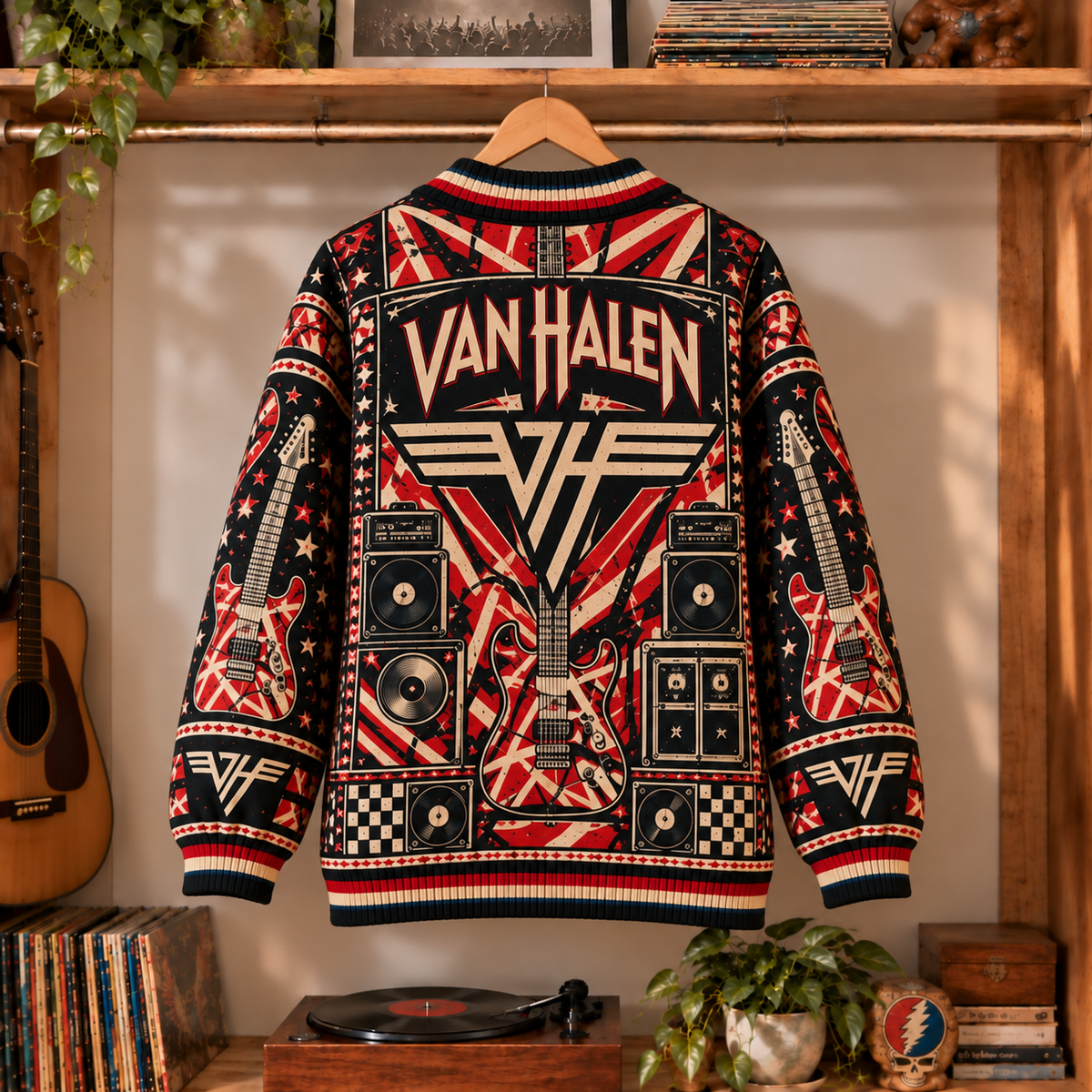 Van Halen Retro Rock Knit Cardigan - Vintage Style Hard Rock Button Down Sweater, Unique VH Logo Frankenstrat Band Merchandise Fan Outfit