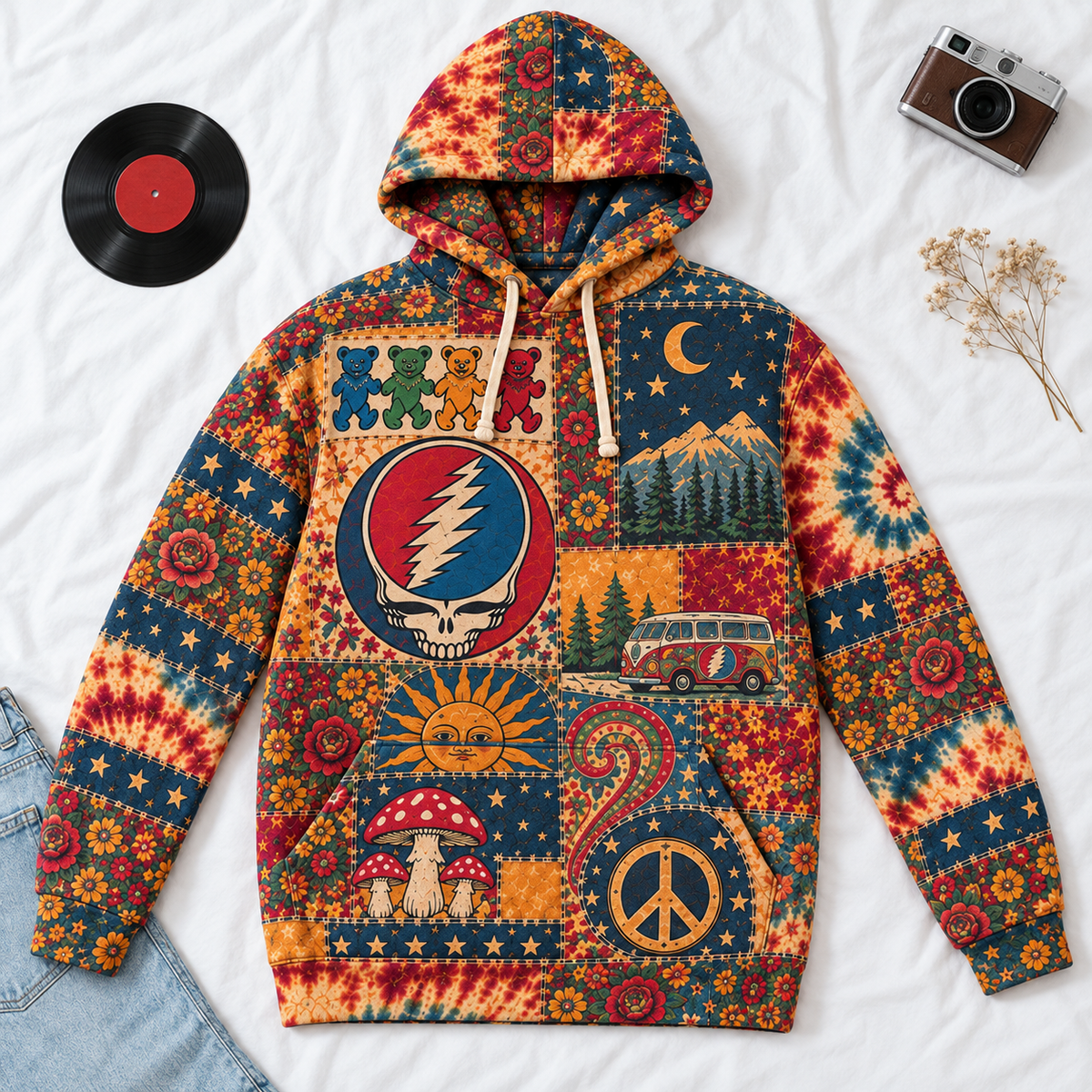 Grateful Dead Patchwork Hoodie – Vintage Steal Your Face Skull Graphic Pullover, Retro Tie Dye Hippie Hoodie, Grateful Dead Fan Gift