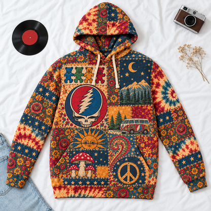 Grateful Dead Patchwork Hoodie – Vintage Steal Your Face Skull Graphic Pullover, Retro Tie Dye Hippie Hoodie, Grateful Dead Fan Gift