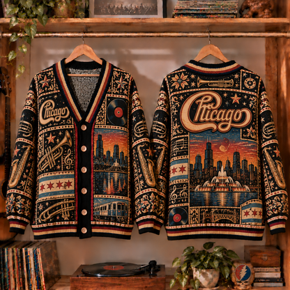 Chicago Band Retro Graphic Cardigan - Vintage Rock Knit Outerwear, Classic Rock Band Fan Apparel & Fashion Style Gift