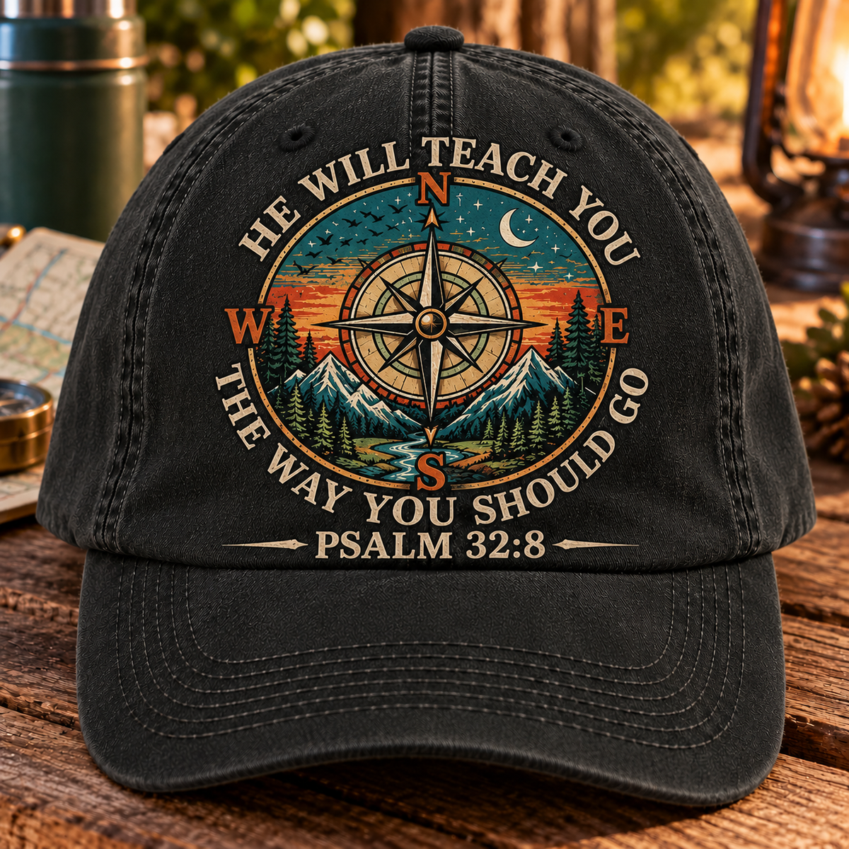 Psalm 32:8 Christian Denim Cap, He Will Teach You The Way You Should Go Cap, Faith Compass Hat, Christian Outdoor Gift, Bible Verse Baseball Cap