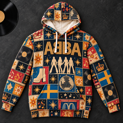 ABBA Patchwork Hoodie – Vintage 70s Disco Band Graphic Pullover, Dancing Queen Inspired Hoodie, Retro ABBA Fan Gift