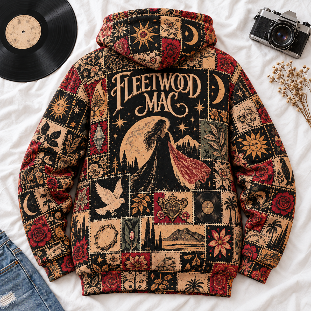 Fleetwood Mac Patchwork Hoodie – Vintage 70s Rock Band Graphic Pullover, Retro Boho Floral Hoodie, Fleetwood Mac Fan Gift