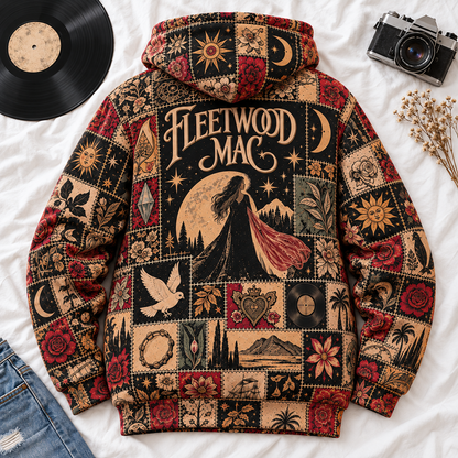 Fleetwood Mac Patchwork Hoodie – Vintage 70s Rock Band Graphic Pullover, Retro Boho Floral Hoodie, Fleetwood Mac Fan Gift