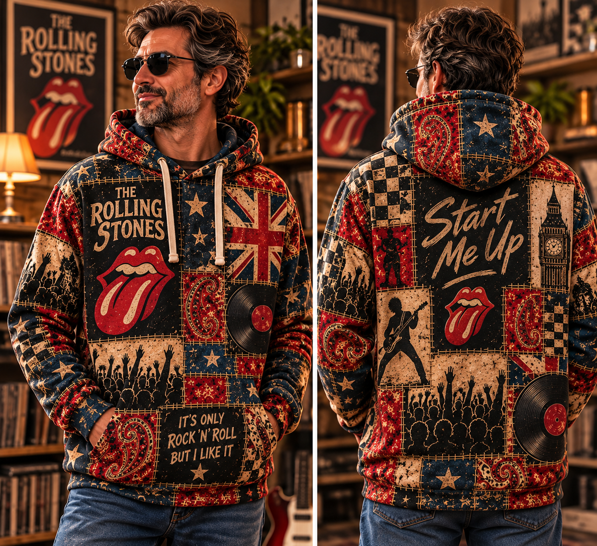 The Rolling Stones Patchwork Hoodie – Vintage Rock Band Graphic Pullover, Tongue Logo & Union Jack Design, Retro Classic Rock Fan Gift
