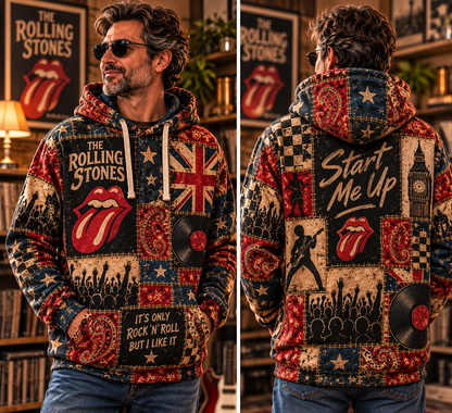 The Rolling Stones Patchwork Hoodie – Vintage Rock Band Graphic Pullover, Tongue Logo & Union Jack Design, Retro Classic Rock Fan Gift