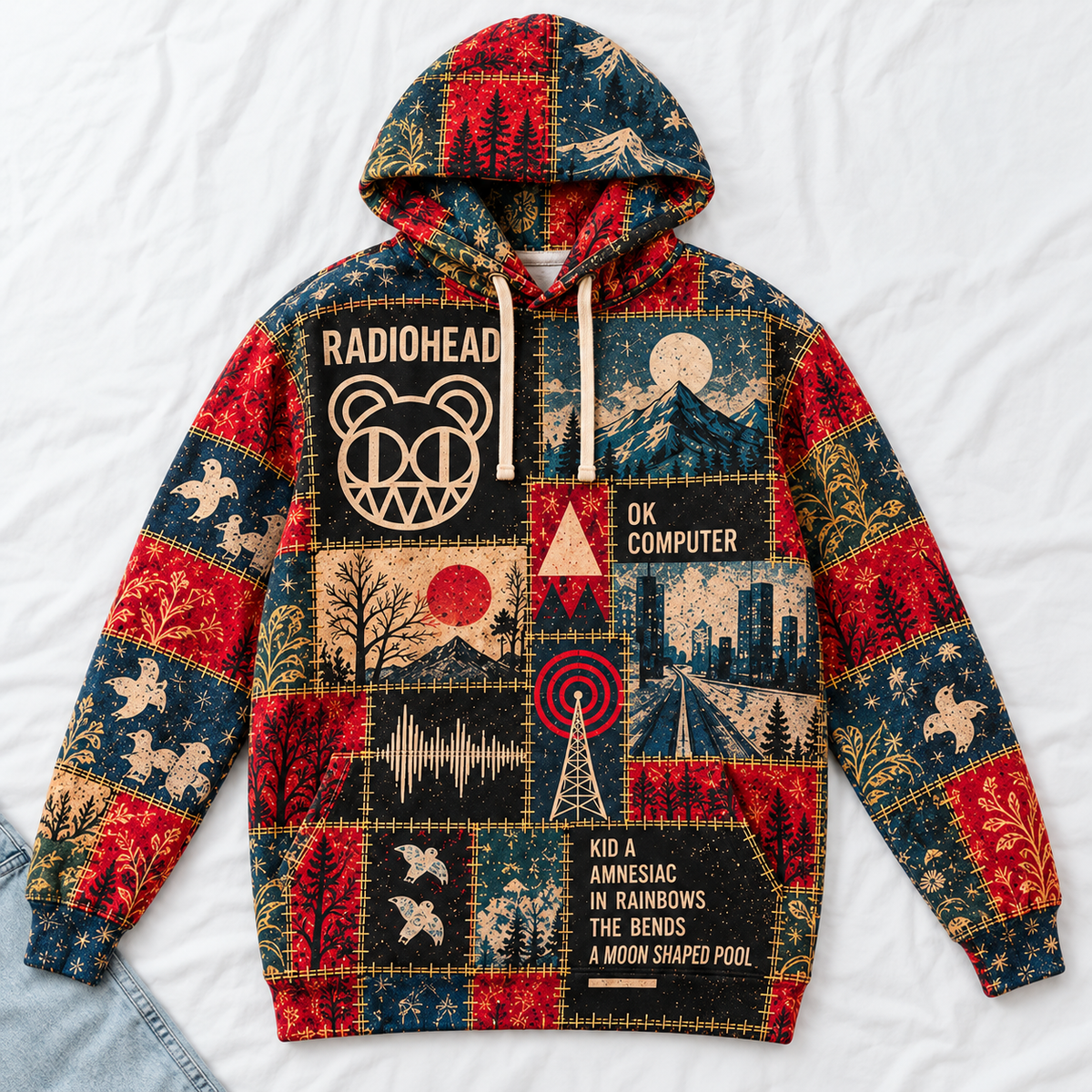 Radiohead Patchwork Hoodie – Vintage Alternative Rock Graphic Pullover, OK Computer Kid A Amnesiac Inspired Hoodie, Radiohead Fan Gift
