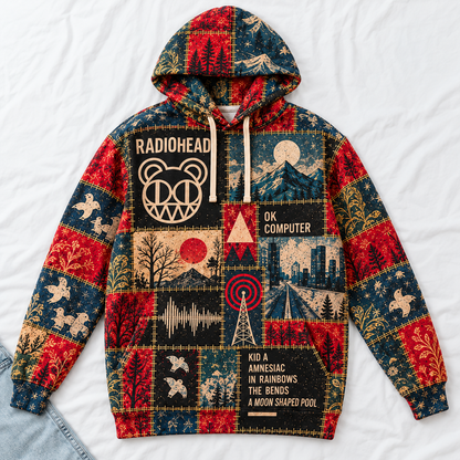 Radiohead Patchwork Hoodie – Vintage Alternative Rock Graphic Pullover, OK Computer Kid A Amnesiac Inspired Hoodie, Radiohead Fan Gift