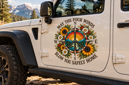May the Four Winds Blow You Safely Home Car Decal, Peace Sign Compass Vehicle Sticker, Sunflower Jeep Decal, Boho Road Trip Car Decor