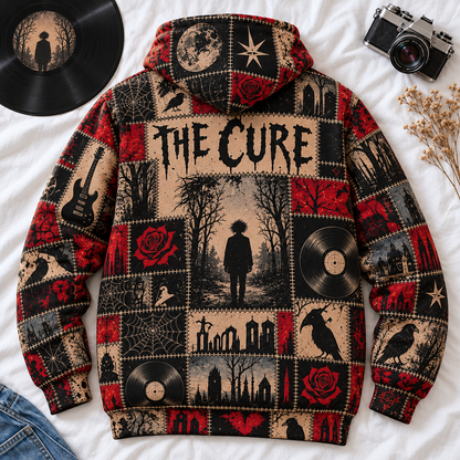 The Cure Patchwork Hoodie – Vintage Gothic Rock Graphic Pullover, Robert Smith Portrait & Dark Romantic Design, Retro 80s Post-Punk Sweatshirt