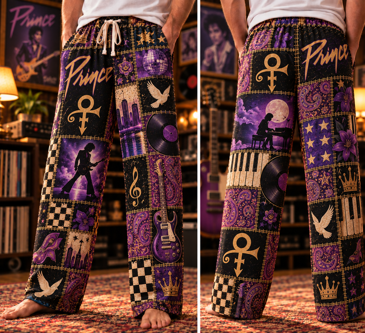 Prince Classic Funk Pop Pajama Pants - Retro Patchwork Cloud Guitar, White Dove & Disco Ball Sleepwear - Comfortable  Pajama for Music Fans & Collectors Gift