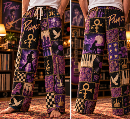 Prince Classic Funk Pop Pajama Pants - Retro Patchwork Cloud Guitar, White Dove & Disco Ball Sleepwear - Comfortable  Pajama for Music Fans & Collectors Gift