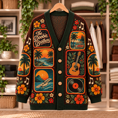The Doobie Brothers Patchwork Cardigan - Casual Button Sweater, Acoustic Guitar Vinyl Sunset Rock Music Fan Gift