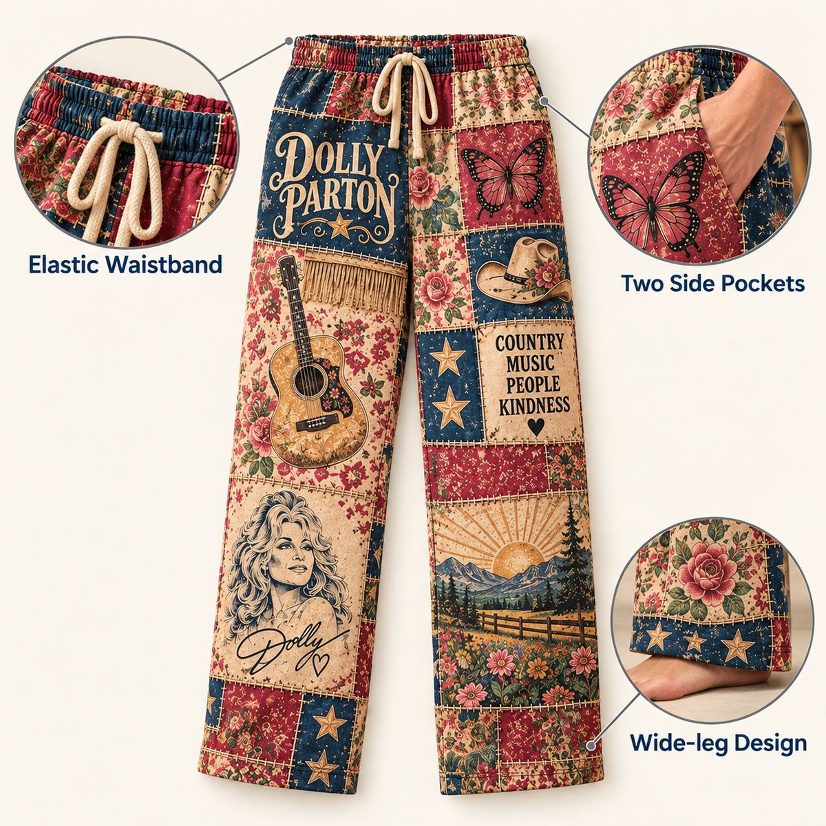 Dolly Parton Country Music Pajama Pants - Christmas Holiday Lounge Pants, Country Fan Sleepwear & Gift for Men