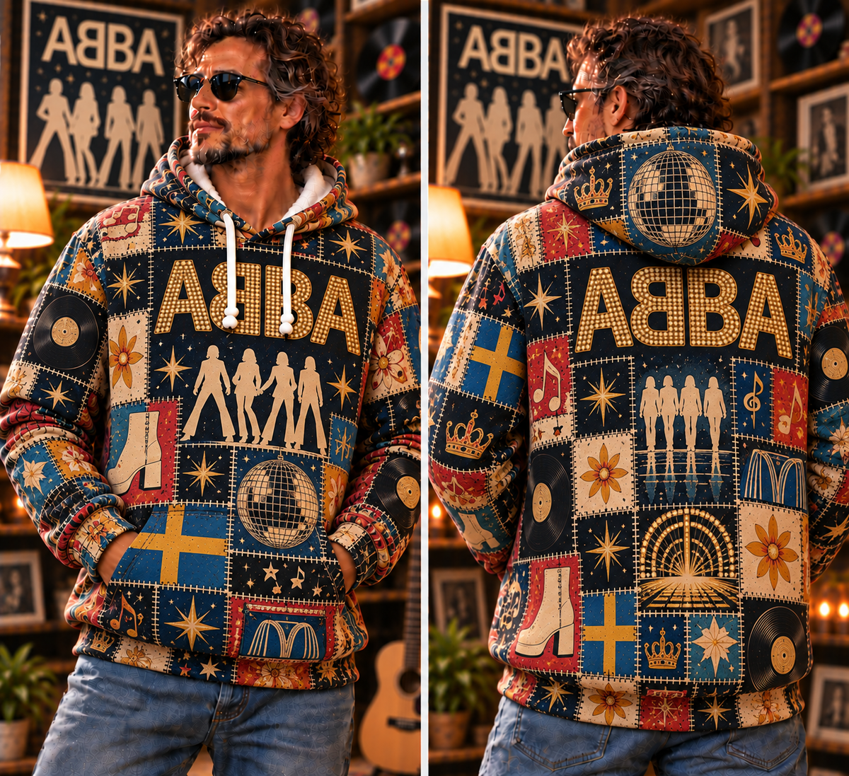 ABBA Patchwork Hoodie – Vintage 70s Disco Band Graphic Pullover, Dancing Queen Inspired Hoodie, Retro ABBA Fan Gift