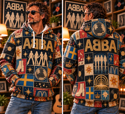 ABBA Patchwork Hoodie – Vintage 70s Disco Band Graphic Pullover, Dancing Queen Inspired Hoodie, Retro ABBA Fan Gift