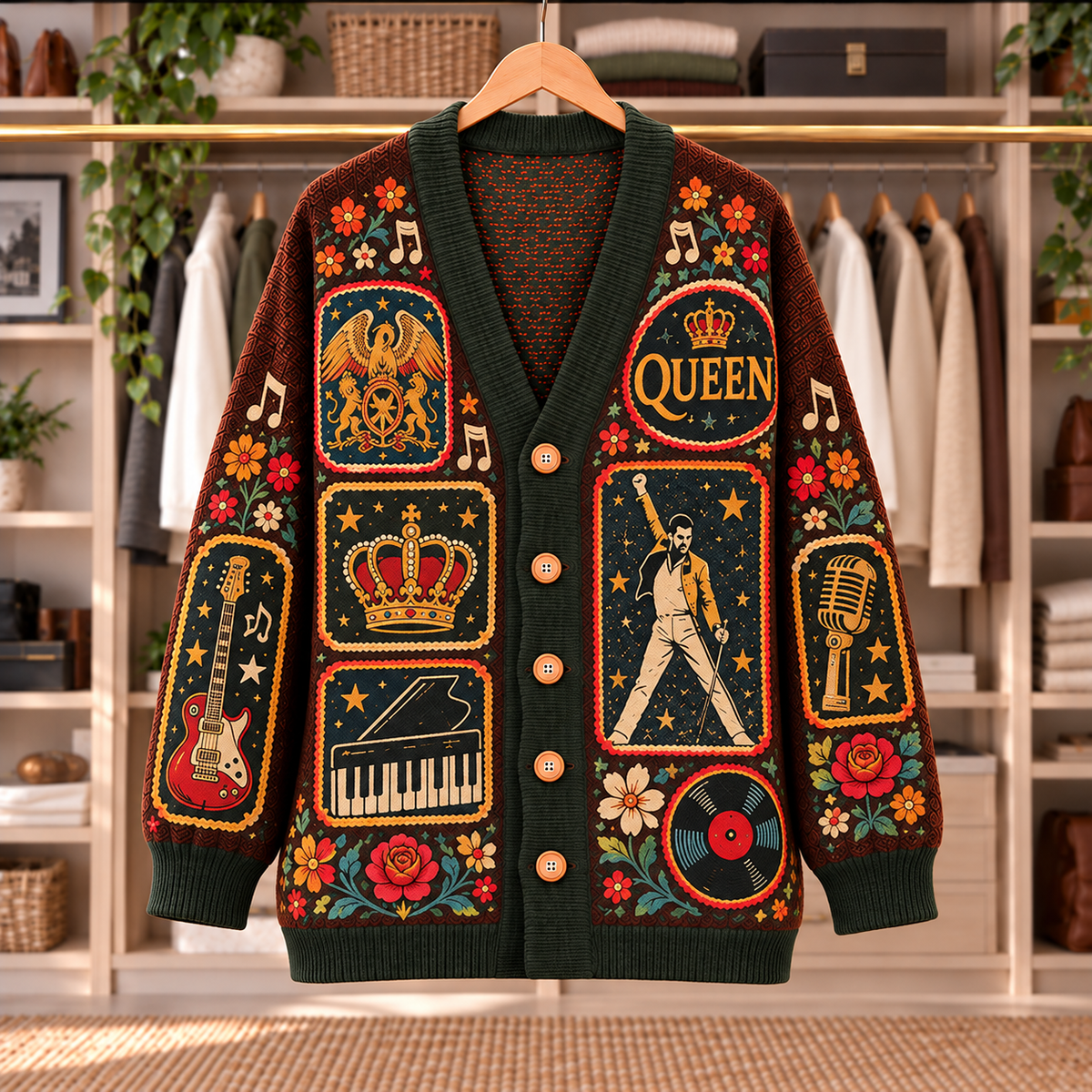 Queen Patchwork Knitted Cardigan - Casual Oversized Button Sweater, Freddie Mercury Crown Rock Music Fan Gift