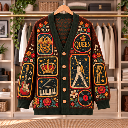 Queen Patchwork Knitted Cardigan - Casual Oversized Button Sweater, Freddie Mercury Crown Rock Music Fan Gift