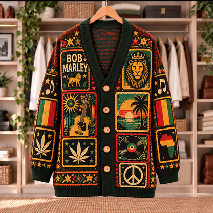 Bob Marley Patchwork Knitted Cardigan - Casual Oversized Button Sweater, Reggae Lion Guitar Music Fan Gift