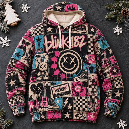 Blink-182 Patchwork Hoodie – Vintage Pop Punk Band Graphic Pullover, Pink Blue Emo Rock Hoodie, Retro 90s 2000s Music Fan Gift