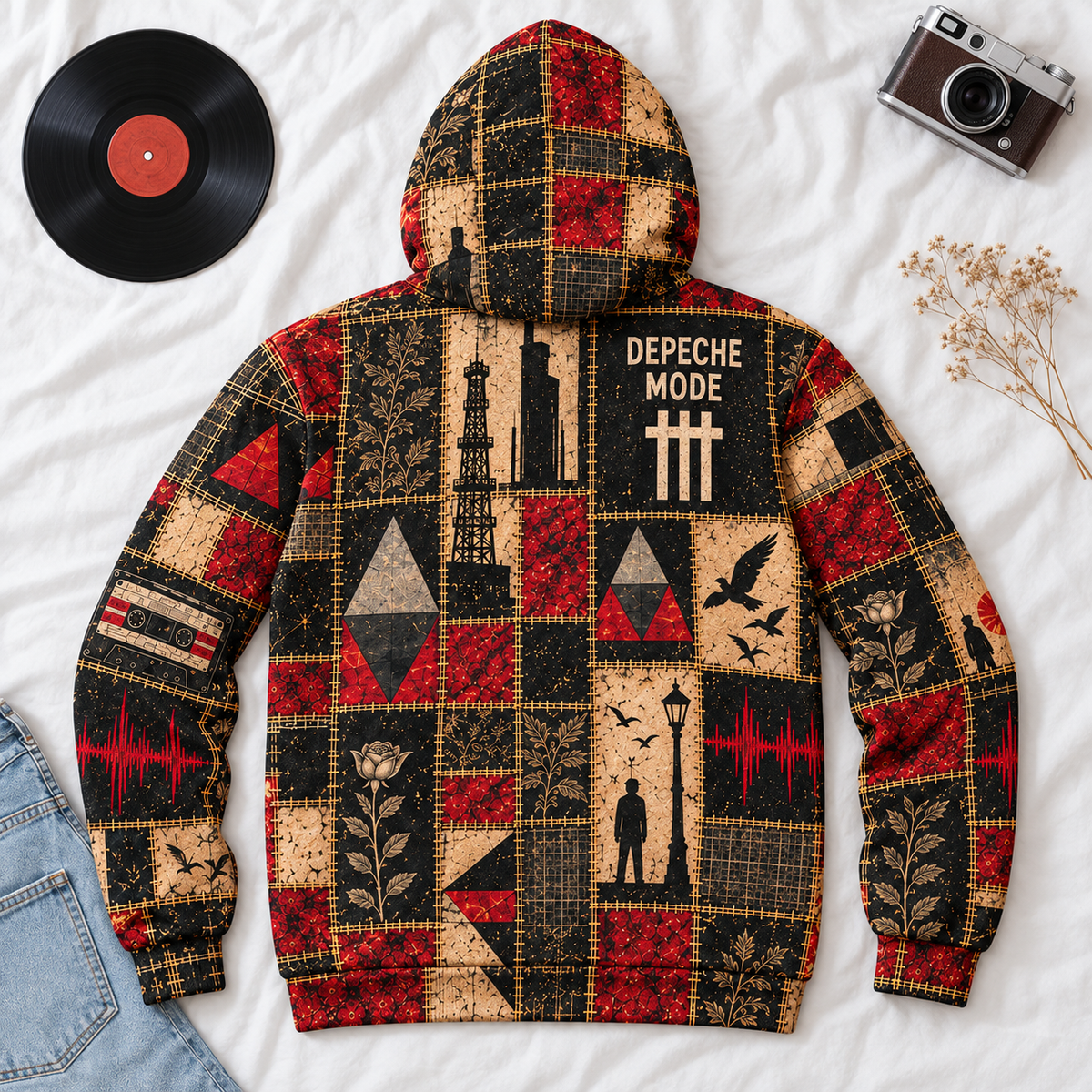 Depeche Mode Patchwork Hoodie – Vintage Synth Pop Graphic Pullover, Enjoy the Silence Retro Music Hoodie, Depeche Mode Fan Gift