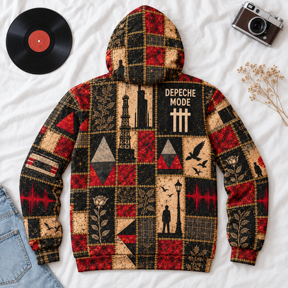 Depeche Mode Patchwork Hoodie – Vintage Synth Pop Graphic Pullover, Enjoy the Silence Retro Music Hoodie, Depeche Mode Fan Gift