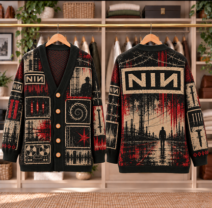 Nine Inch Nails Patchwork Cardigan - Casual Oversized Button Sweater, NIN Industrial Rock Music Fan Gift