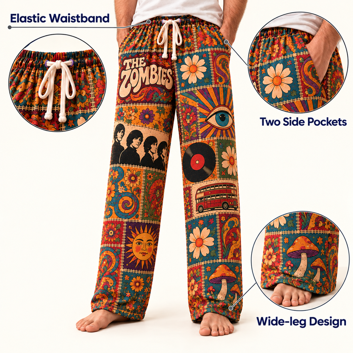 The Zombies Patchwork Pajama Pants - Vintage 60s Psychedelic Rock Art & British Invasion Lounge Pants with Elastic Waistband, Adjustable Drawstring & Two Side Pockets