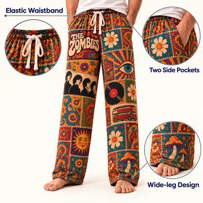 The Zombies Patchwork Pajama Pants - Vintage 60s Psychedelic Rock Art & British Invasion Lounge Pants with Elastic Waistband, Adjustable Drawstring & Two Side Pockets