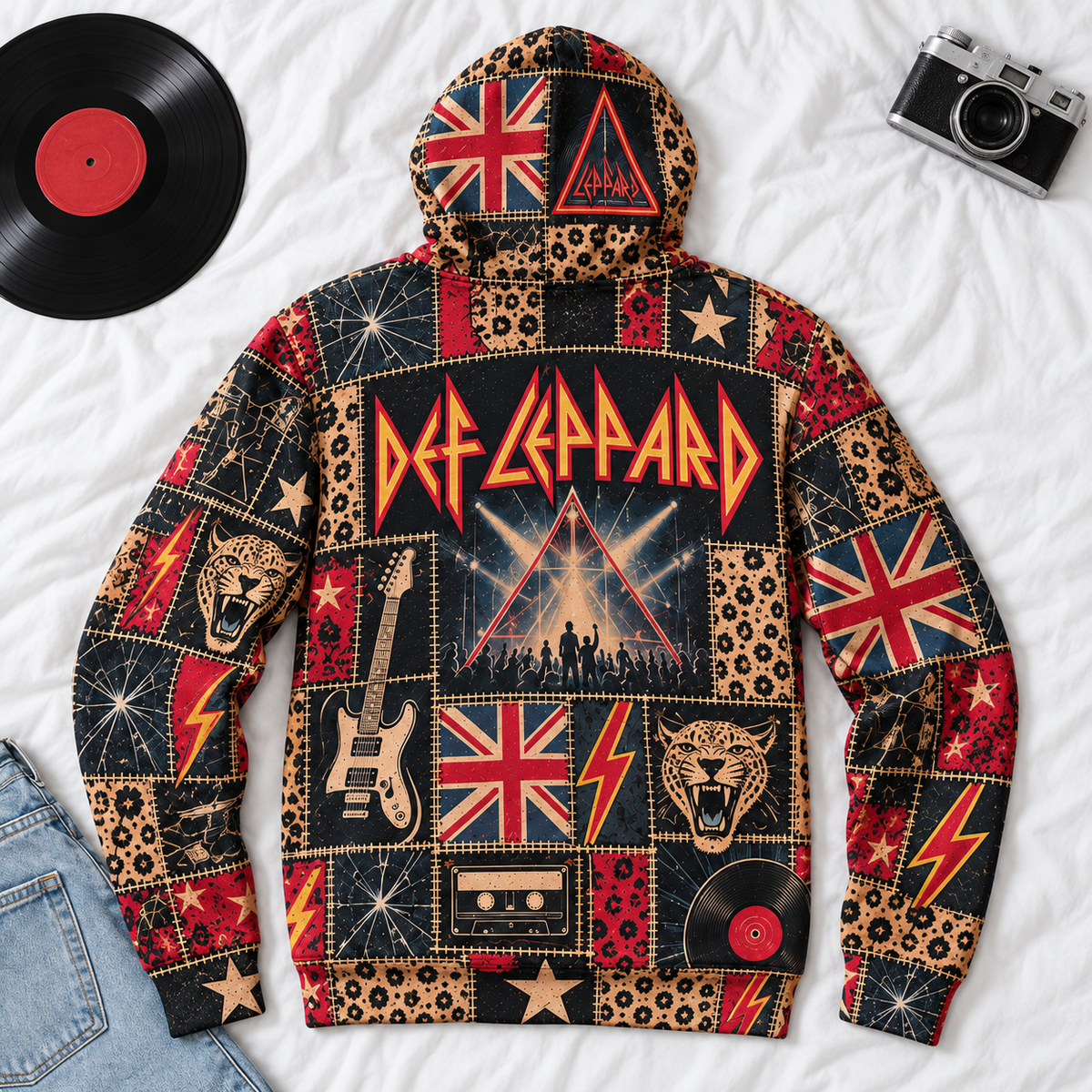 Def Leppard Patchwork Hoodie – Vintage 80s Rock Band Graphic Pullover, Retro British Hard Rock Hoodie, Def Leppard Fan Gift