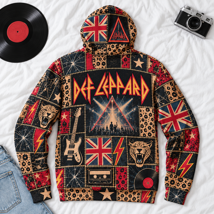 Def Leppard Patchwork Hoodie – Vintage 80s Rock Band Graphic Pullover, Retro British Hard Rock Hoodie, Def Leppard Fan Gift