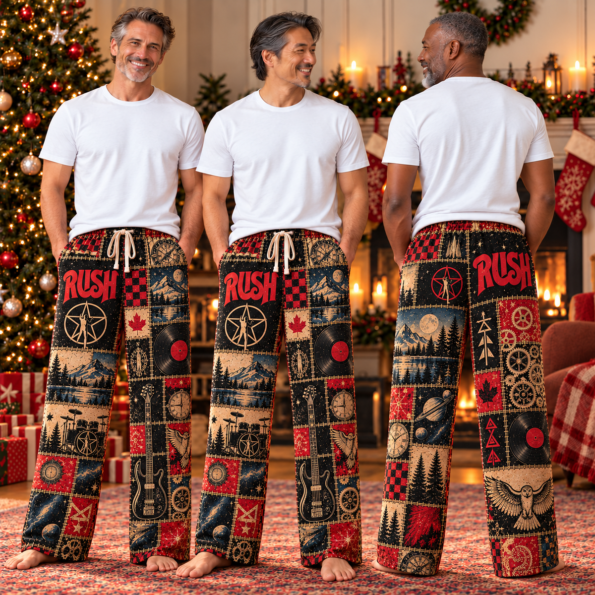 Rush Classic Pajama Pants - Retro Patchwork Canadian Maple Leaf, Bass Guitar & Clockwork Art Sleepwear - Comfortable Pants for Music Fans & Collectors Gift
