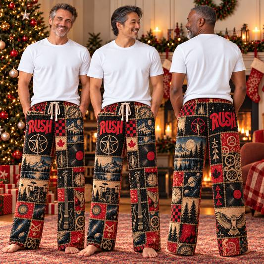 Rush Classic Pajama Pants - Retro Patchwork Canadian Maple Leaf, Bass Guitar & Clockwork Art Sleepwear - Comfortable Pants for Music Fans & Collectors Gift