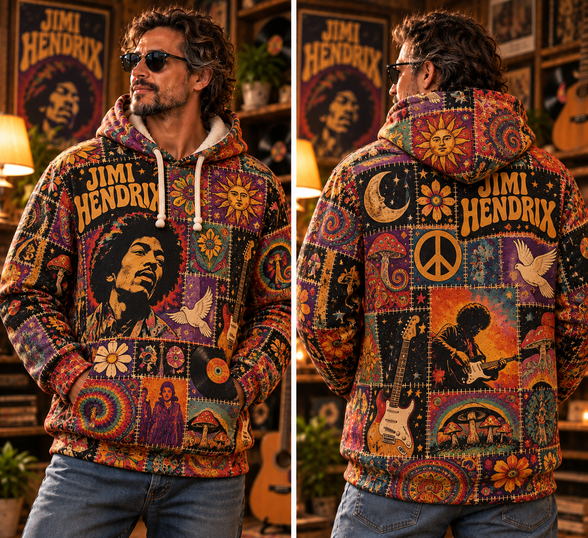 Jimi Hendrix Patchwork Hoodie – Vintage Psychedelic Rock Graphic Pullover, Retro 60s Hippie Tie-Dye Hoodie, Jimi Hendrix Fan Gift