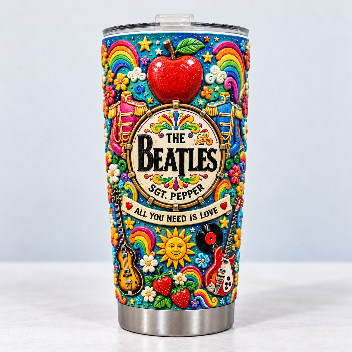 The Beatles 3D Printed Tumbler - 20oz Stainless Steel Insulated Travel Coffee Mug with Lid - Classic Rock Band Music Merchandise Gift