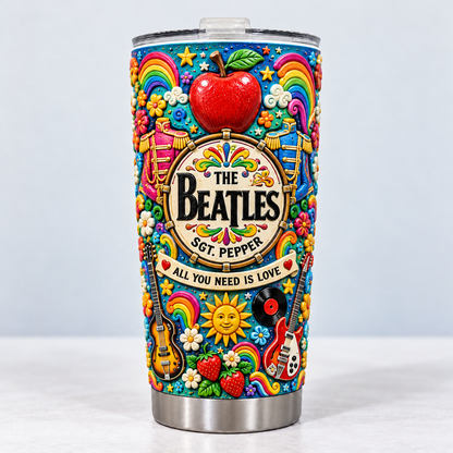 The Beatles 3D Printed Tumbler - 20oz Stainless Steel Insulated Travel Coffee Mug with Lid - Classic Rock Band Music Merchandise Gift