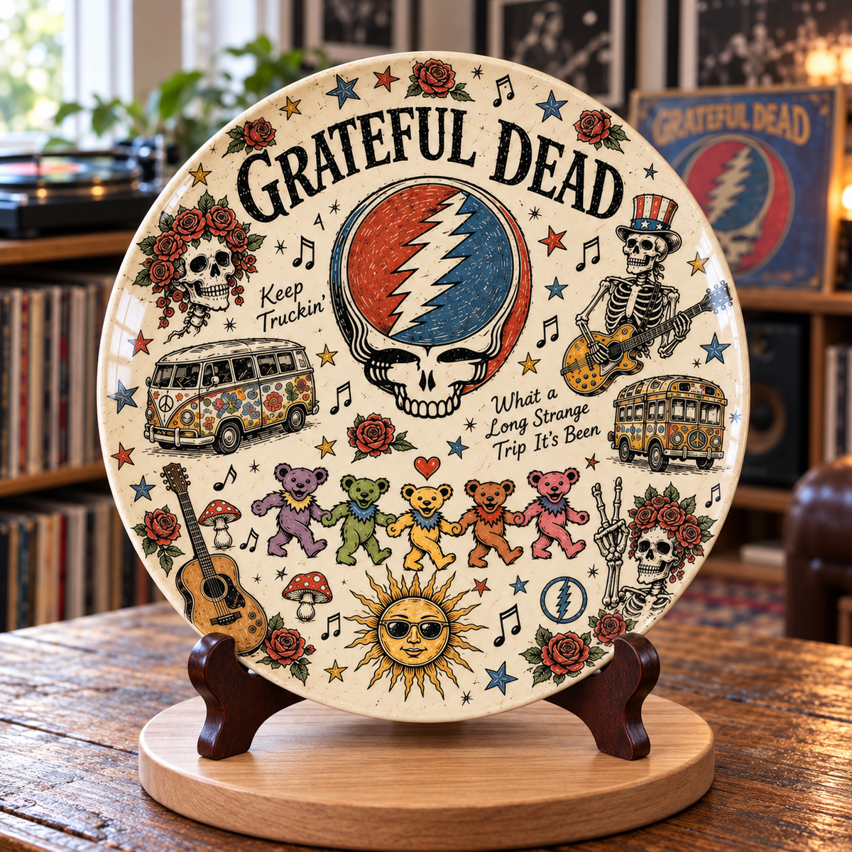 Grateful Dead Sketch Art Ceramic Plate - Decorative Wall & Table Display Dish, Steal Your Face Dancing Bears Rock Fan Gift