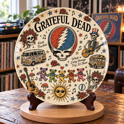 Grateful Dead Sketch Art Ceramic Plate - Decorative Wall & Table Display Dish, Steal Your Face Dancing Bears Rock Fan Gift