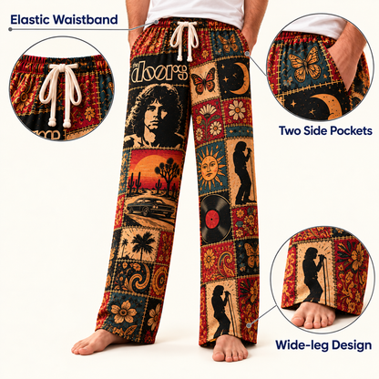 The Doors Patchwork Pajama Pants - Vintage Psychedelic Rock Art Lounge Pants with Elastic Waistband, Adjustable Drawstring & Two Side Pockets
