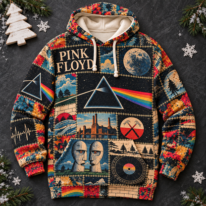 Pink Floyd Patchwork Hoodie – Vintage Psychedelic Rock Graphic Pullover, Dark Side of the Moon Inspired Sweatshirt, Retro 70s Rock Music Hoodie