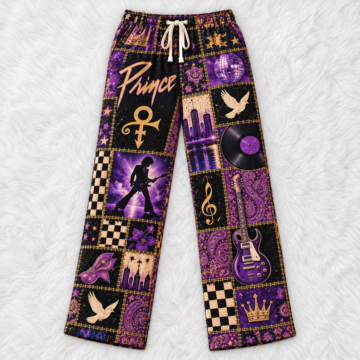 Prince Classic Funk Pop Pajama Pants - Retro Patchwork Cloud Guitar, White Dove & Disco Ball Sleepwear - Comfortable  Pajama for Music Fans & Collectors Gift