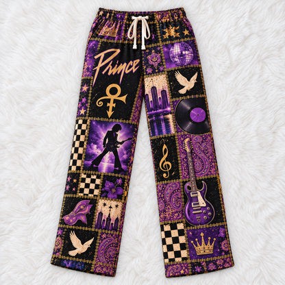 Prince Classic Funk Pop Pajama Pants - Retro Patchwork Cloud Guitar, White Dove & Disco Ball Sleepwear - Comfortable  Pajama for Music Fans & Collectors Gift